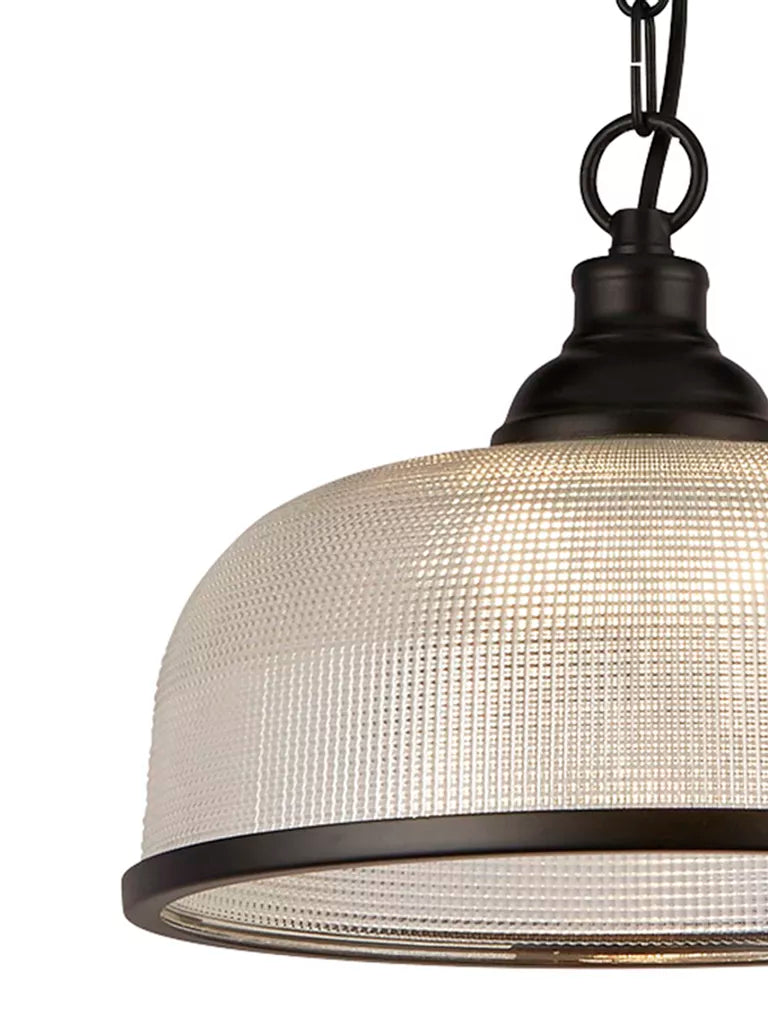 Highworth Pendant - Matt Black Metal & Holophane Style Glass