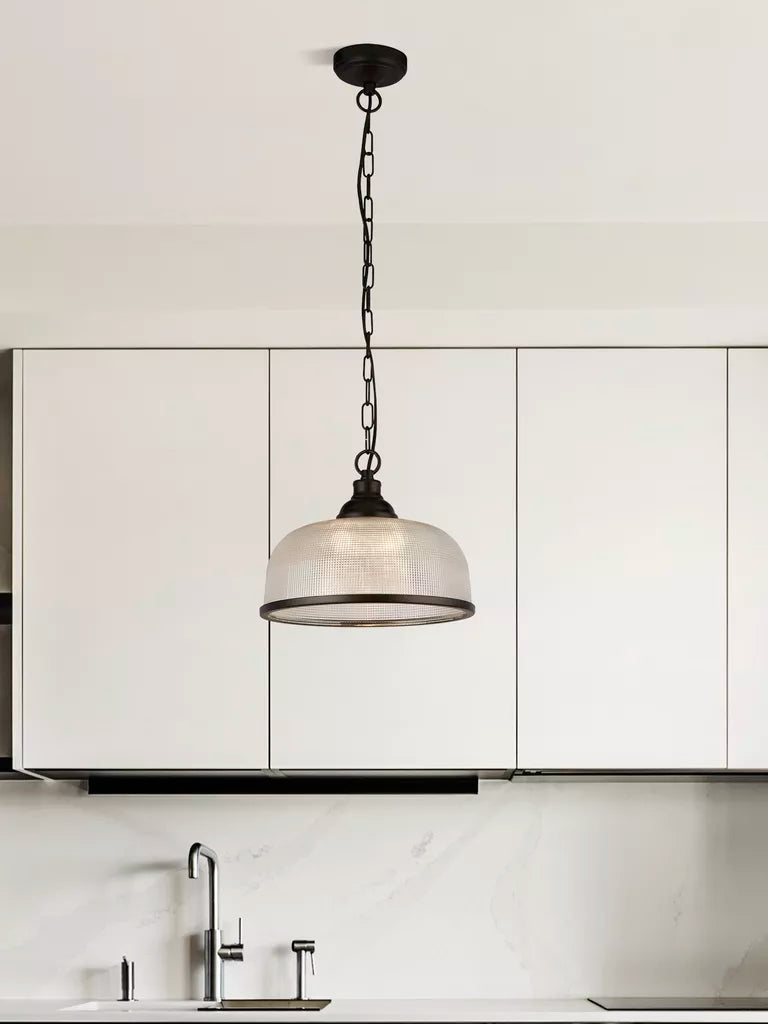 Highworth Pendant - Matt Black Metal & Holophane Style Glass