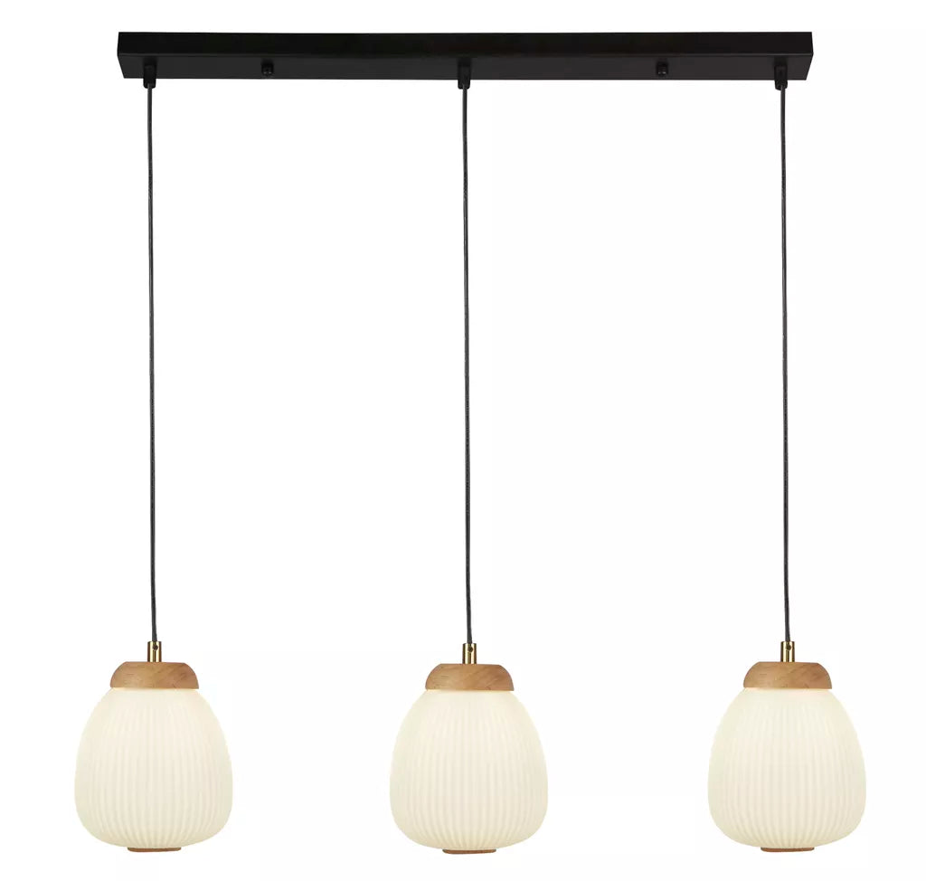 Ella 3Lt Pendant - Black Metal & Opal Ribbed Glass