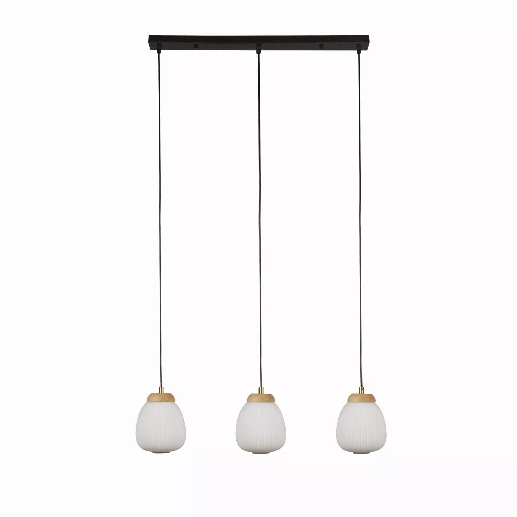 Ella 3Lt Pendant - Black Metal & Opal Ribbed Glass