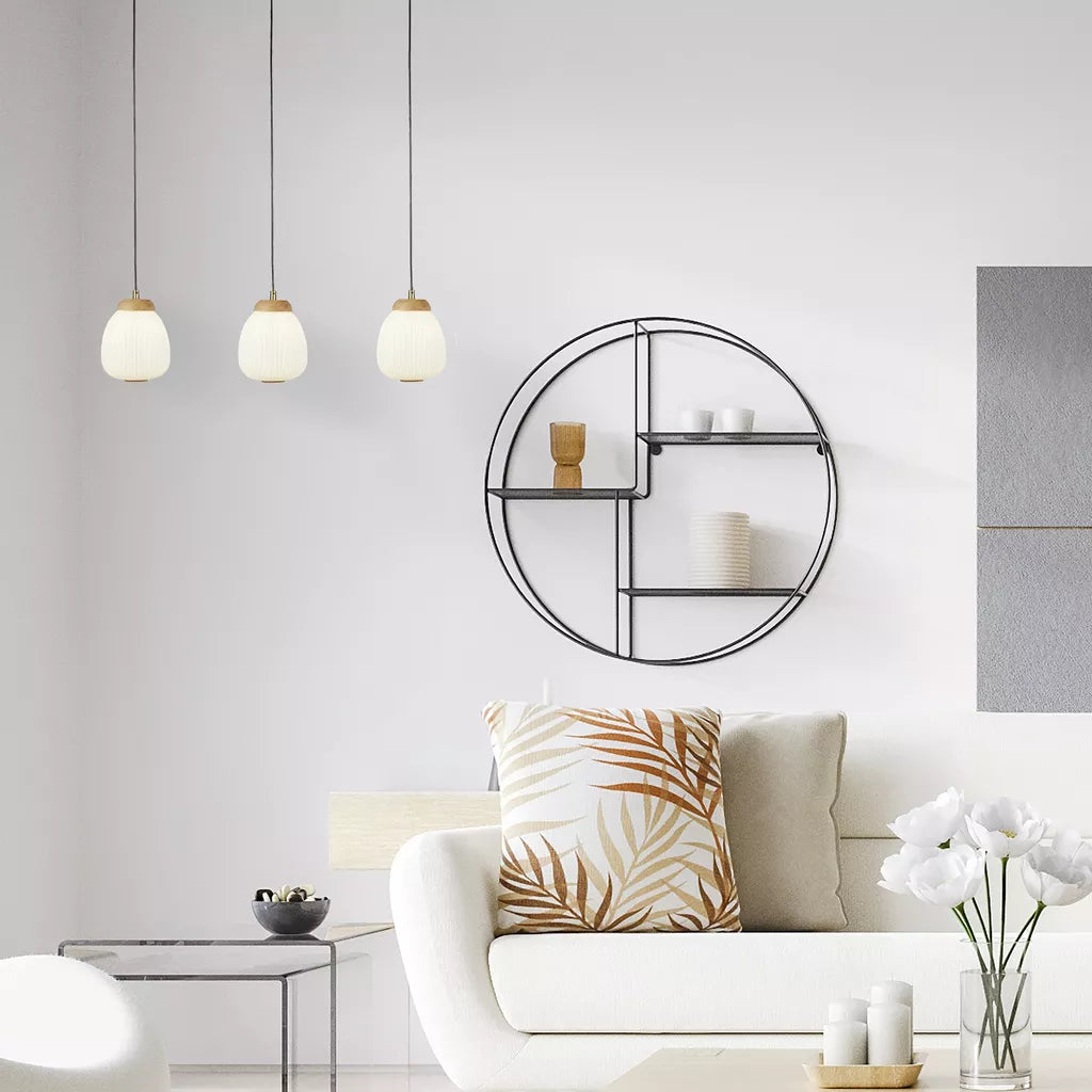 Ella 3Lt Pendant - Black Metal & Opal Ribbed Glass