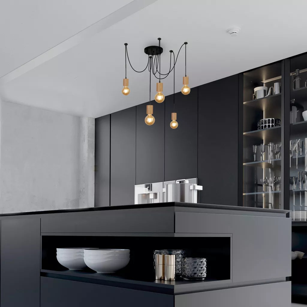 Spinny 5Lt Pendant - Wood & Matt Black Metal