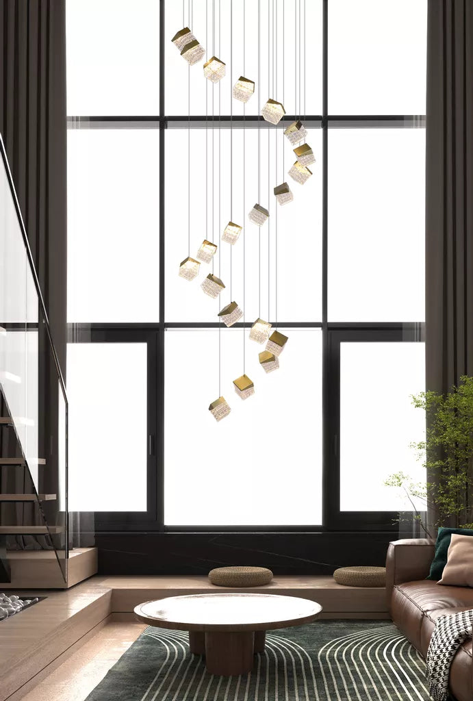 Cuboid 5Lt/20lt LED Multi Drop Pendant- Satin Brass