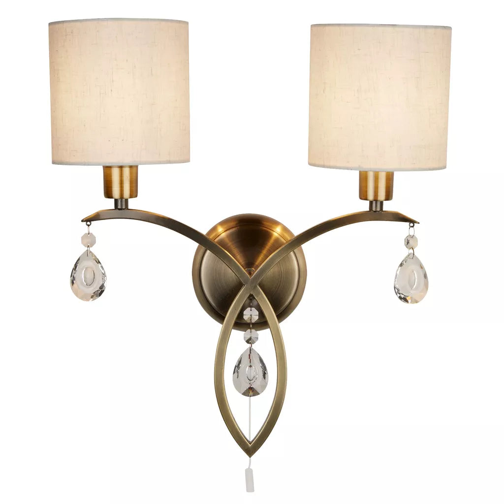 Alberto 2Lt Wall Light- Antique Brass, Crystal & Linen Shade