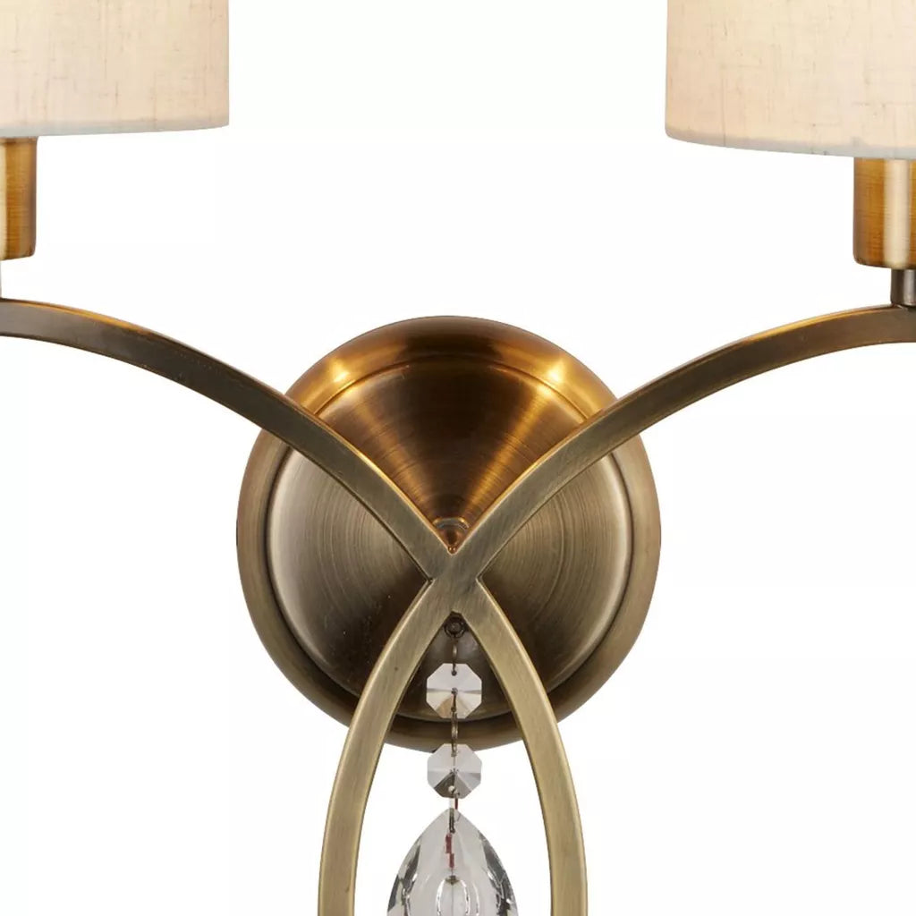 Alberto 2Lt Wall Light- Antique Brass, Crystal & Linen Shade
