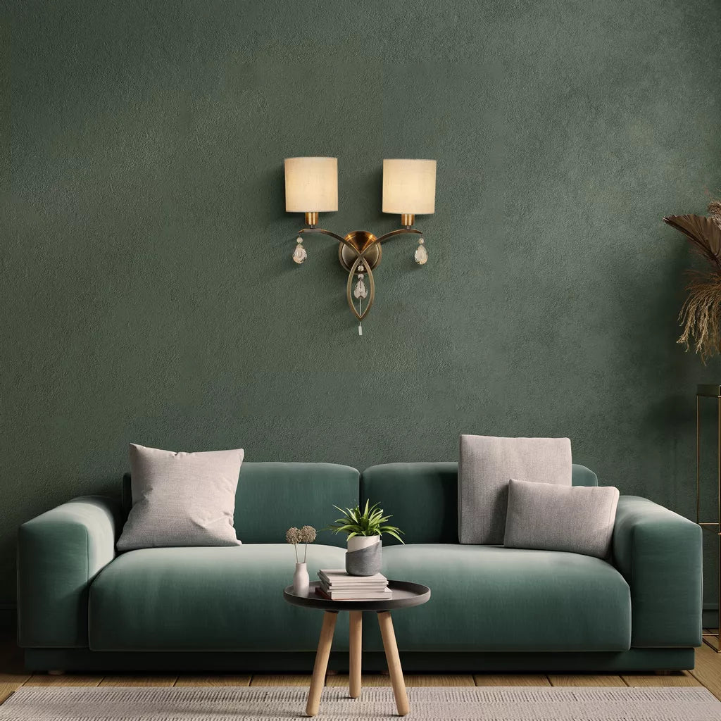 Alberto 2Lt Wall Light- Antique Brass, Crystal & Linen Shade