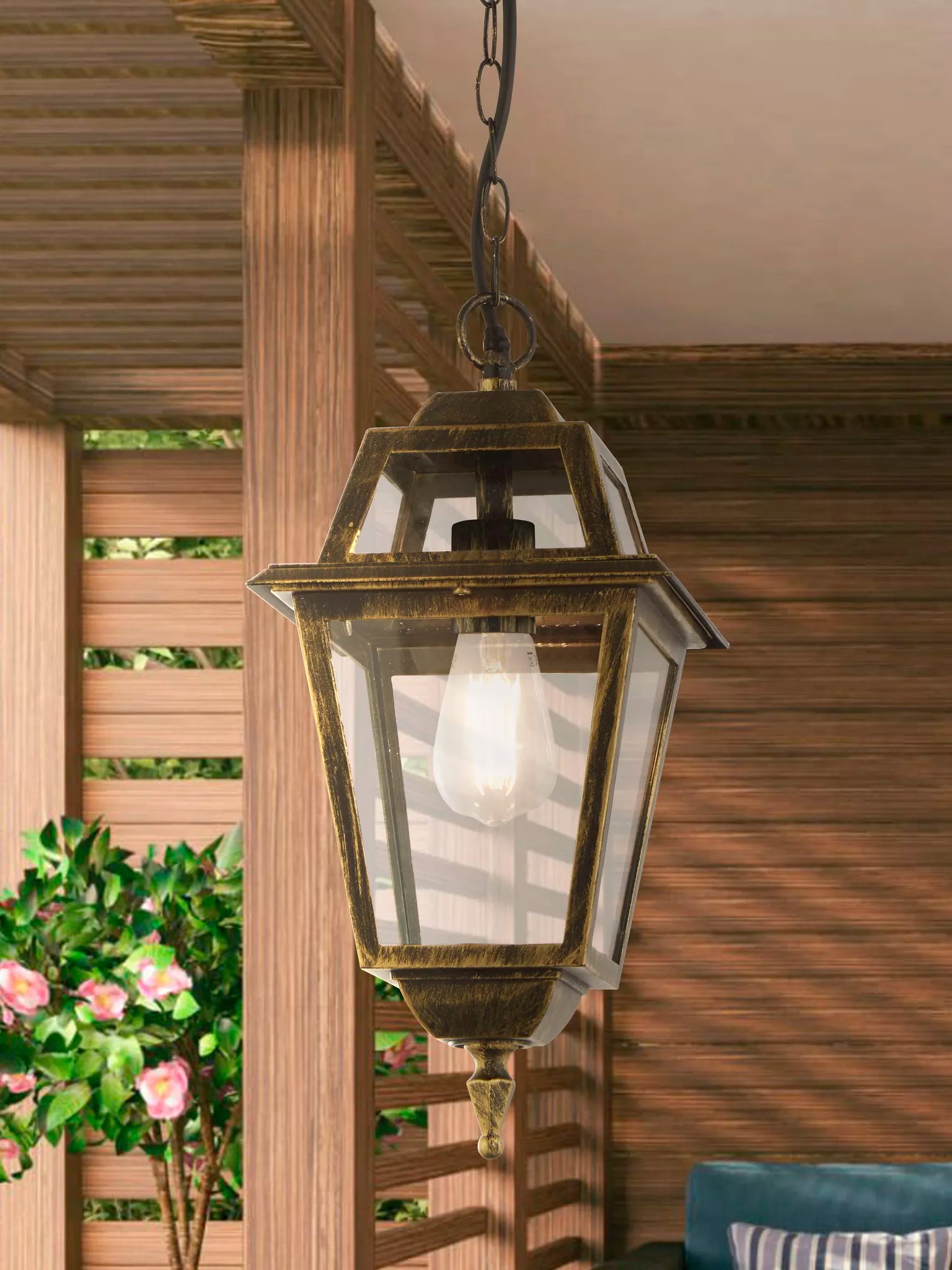 New Orleans Pendant Lantern- Black Gold & Glass,IP44