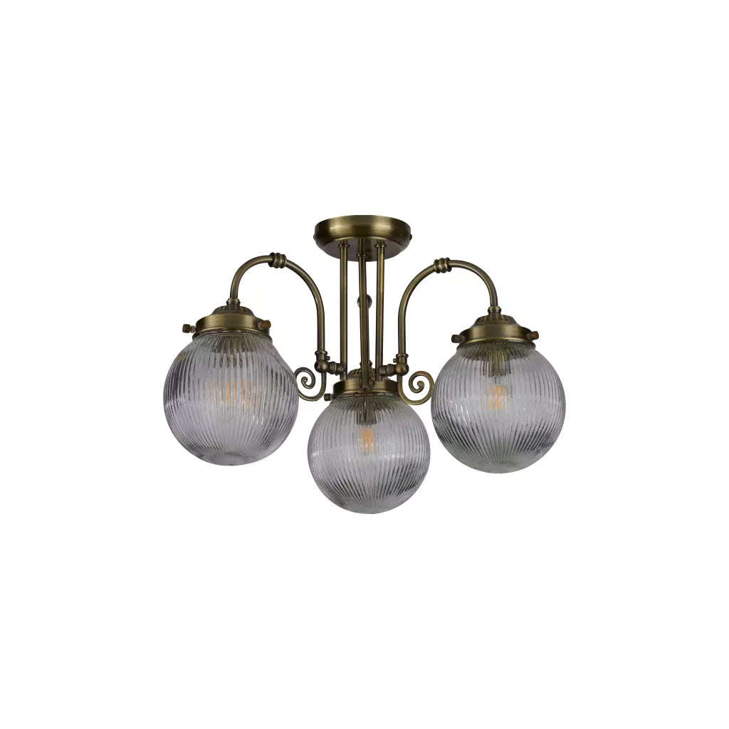 Belvue 3Lt Flush Light  - Antique Brass Metal & Clear Glass