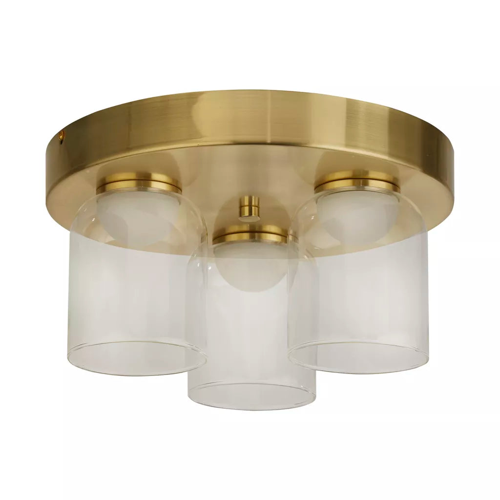 Highball LED 3Lt Bathroom Flush Light- Satin Brass & Clear Glass