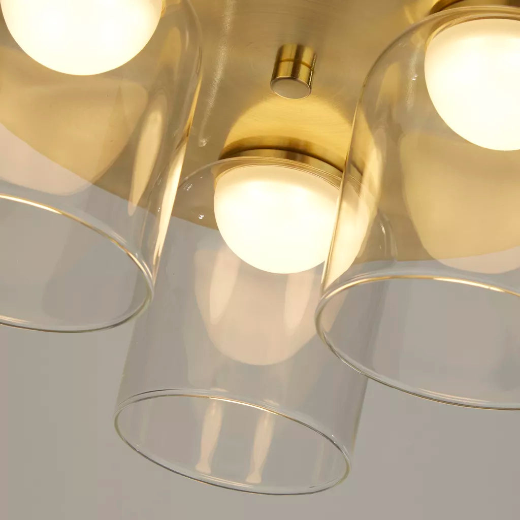 Highball LED 3Lt Bathroom Flush Light- Satin Brass & Clear Glass