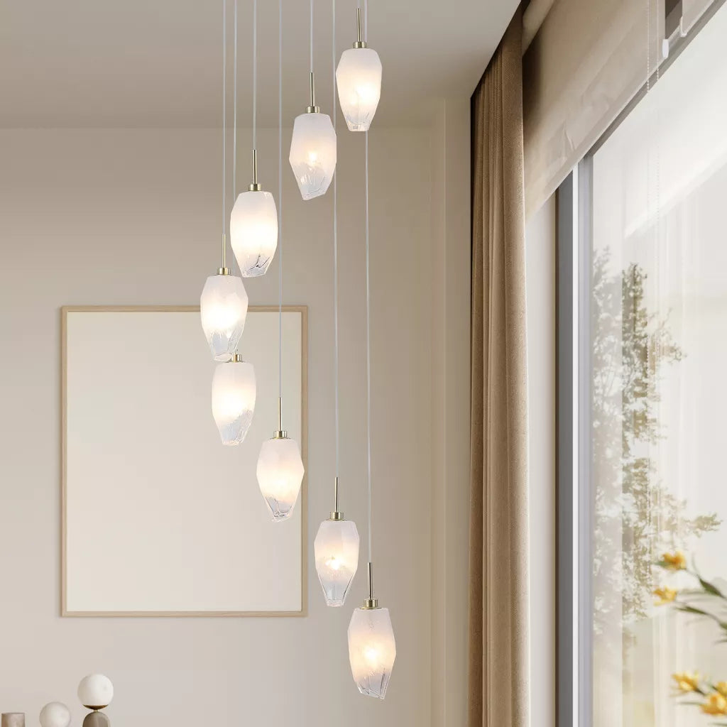 Rocky 8Lt Multi Drop Cluster Light- Satin Brass Metal & Glass