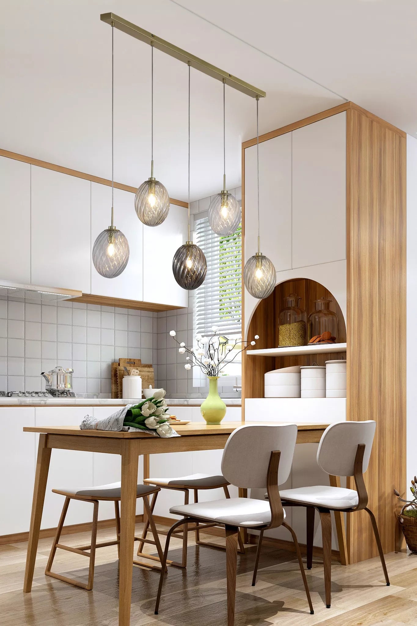 Whirl 3Lt/5Lt  Bar Pendant- Satin Brass w Multi Coloured Glass