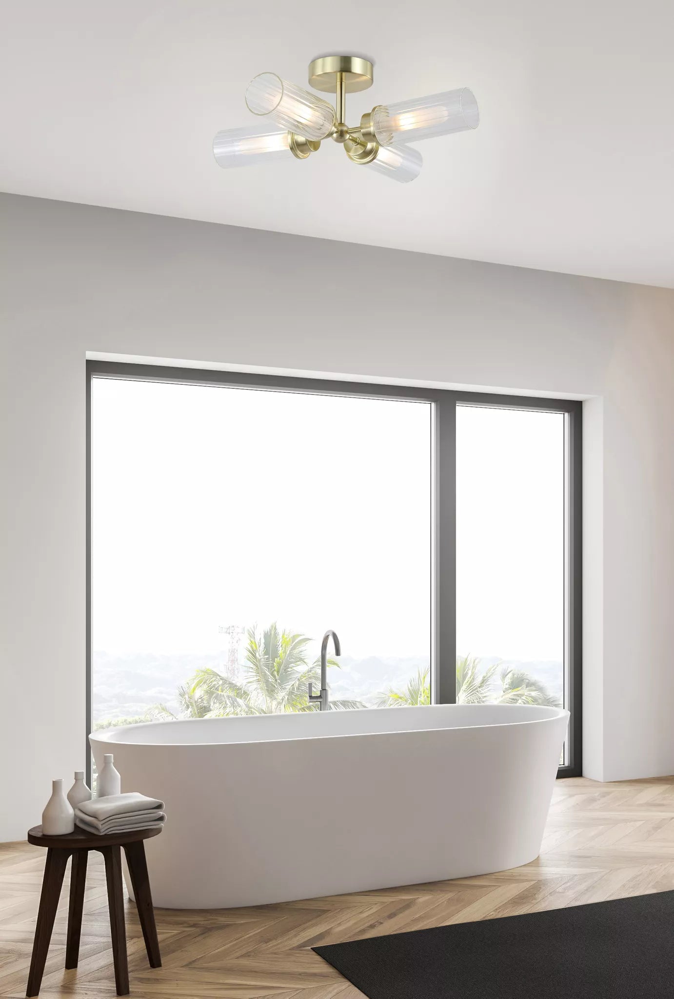 Imperial 4LT Flush Light- Black/ Satin Brass and Clear Ribbed Glass