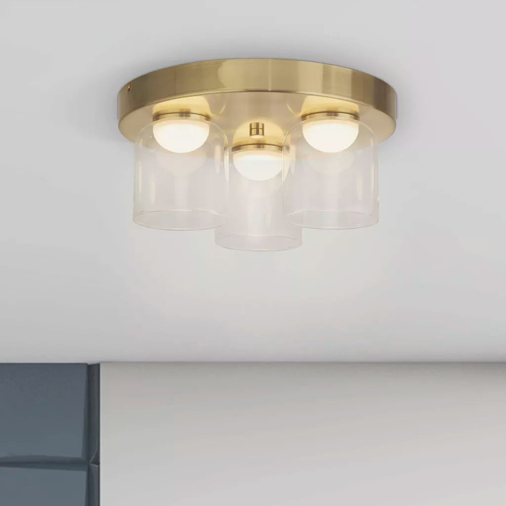 Highball LED 3Lt Bathroom Flush Light- Satin Brass & Clear Glass