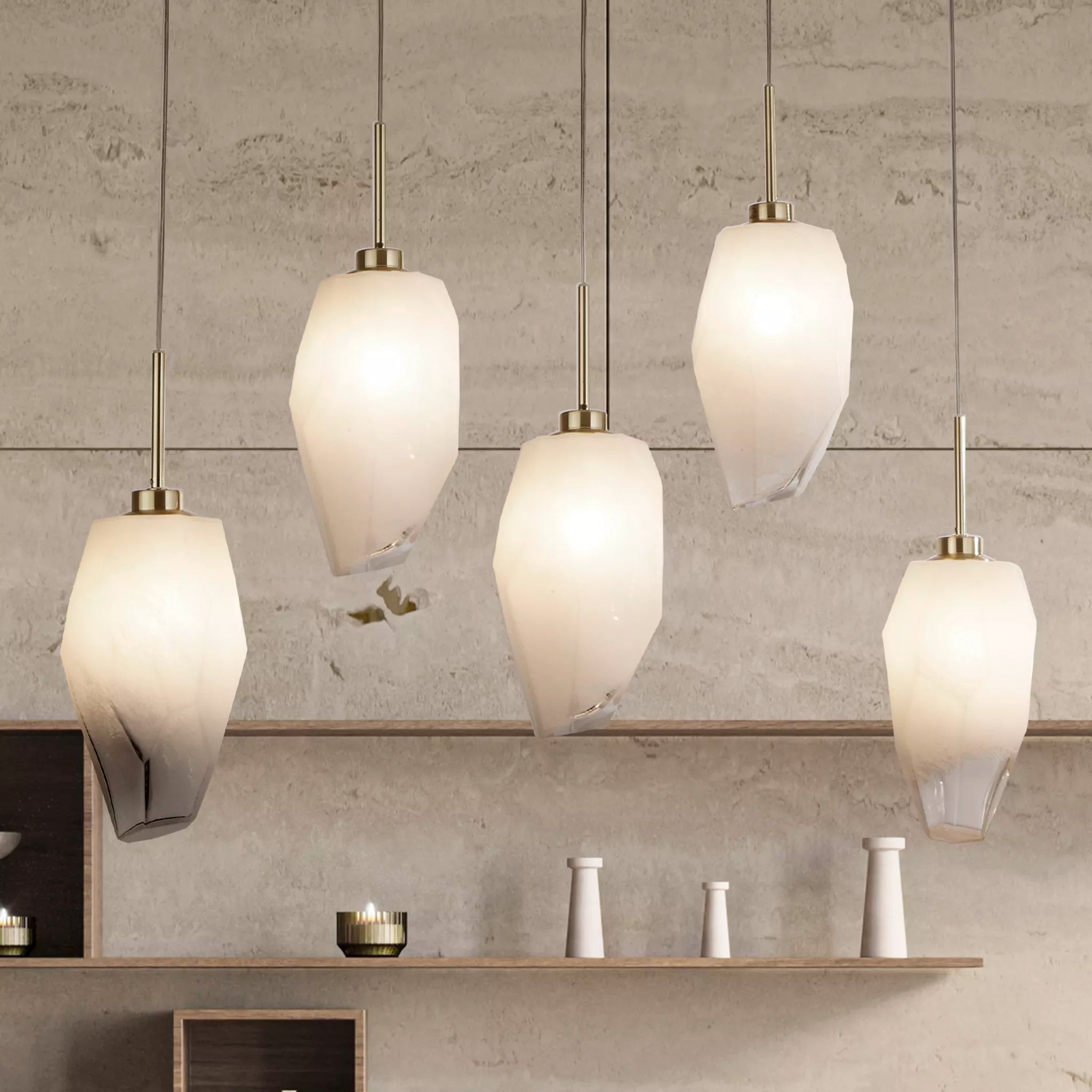 Rocky 5Lt Bar Pendant- Satin Brass Metal & Glass