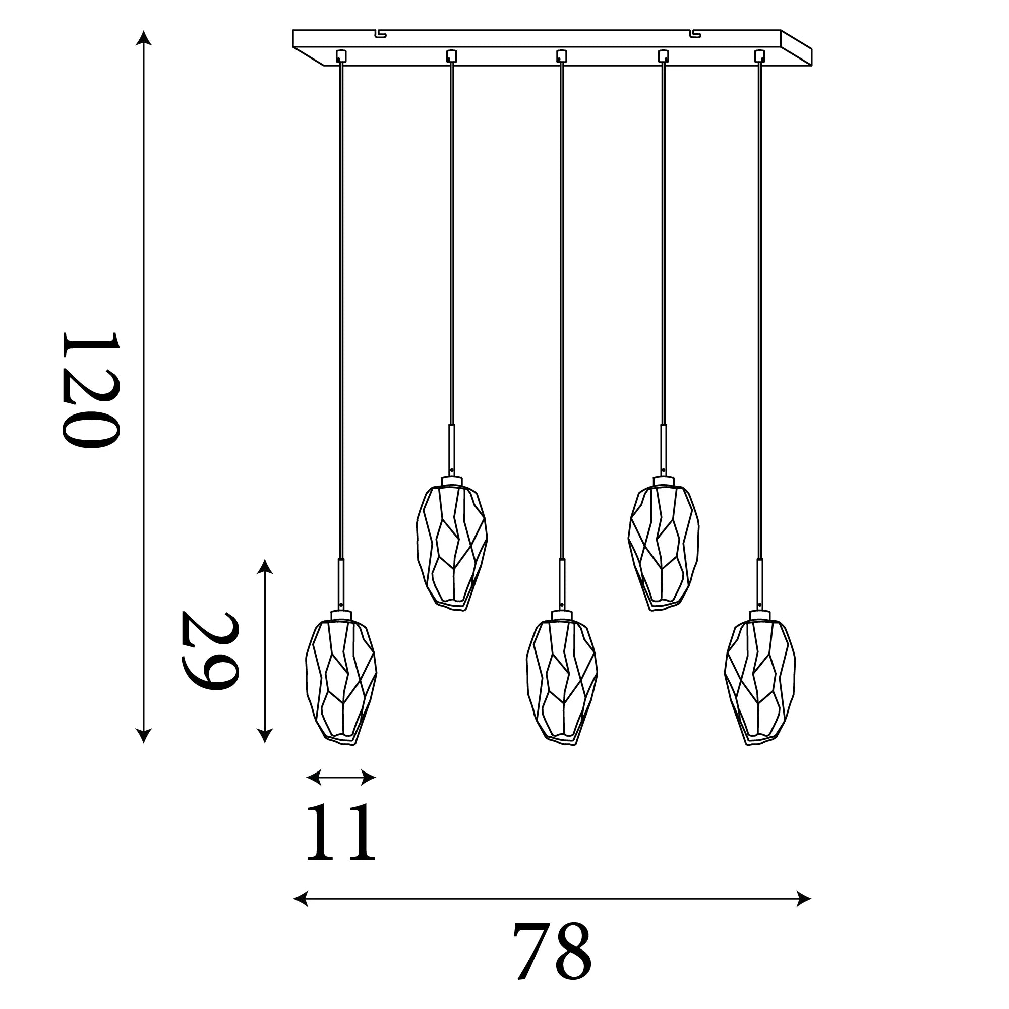 Rocky 5Lt Bar Pendant- Satin Brass Metal & Glass