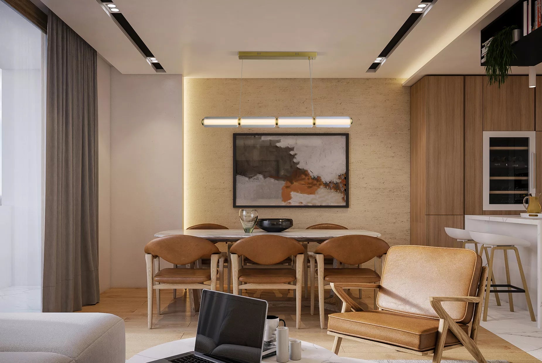 Mod LED Pendant-  Satin Brass Opal Acrylic & Clear Glass