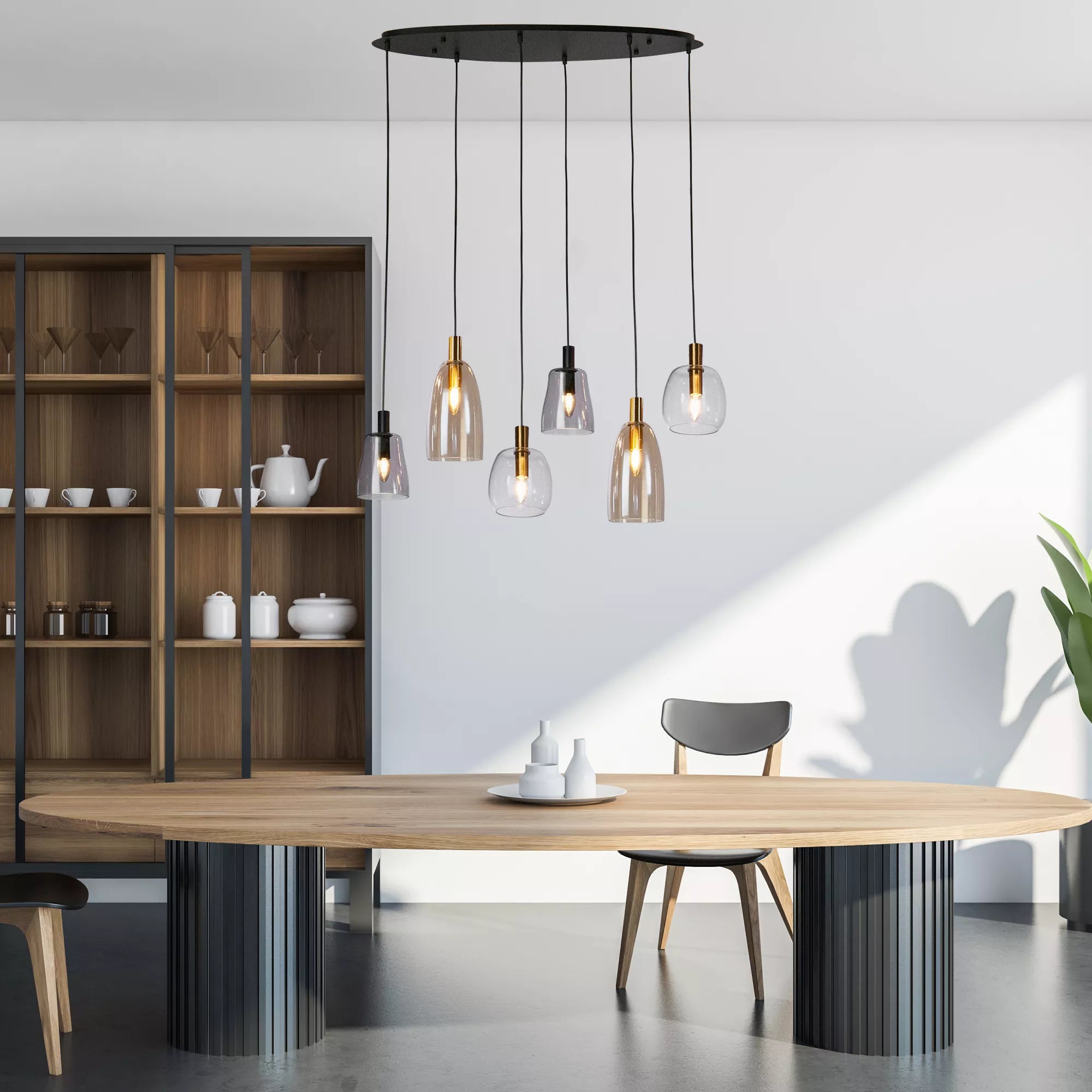 Divine 6Lt/ 8Lt Multi-Drop Pendant - Black Metal & Coloured Glass