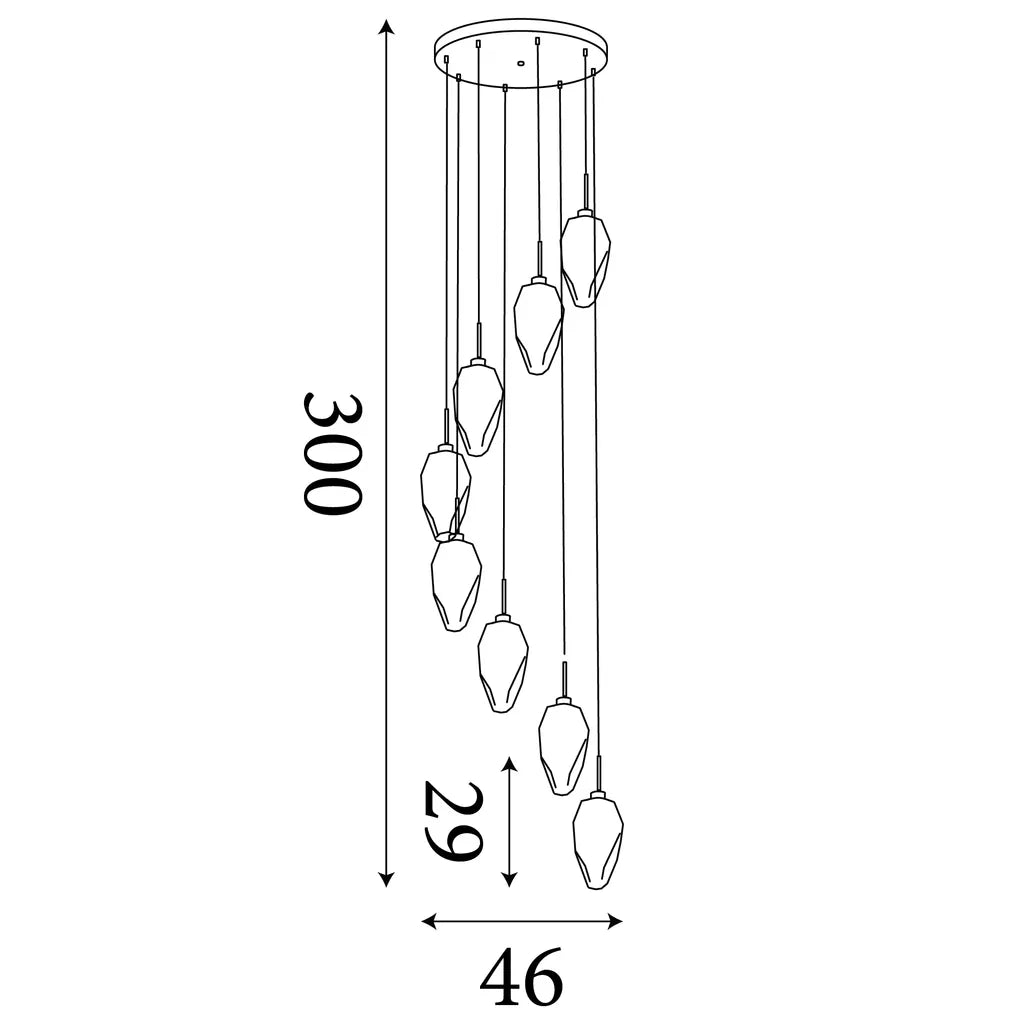 Rocky 8Lt Multi Drop Cluster Light- Satin Brass Metal & Glass