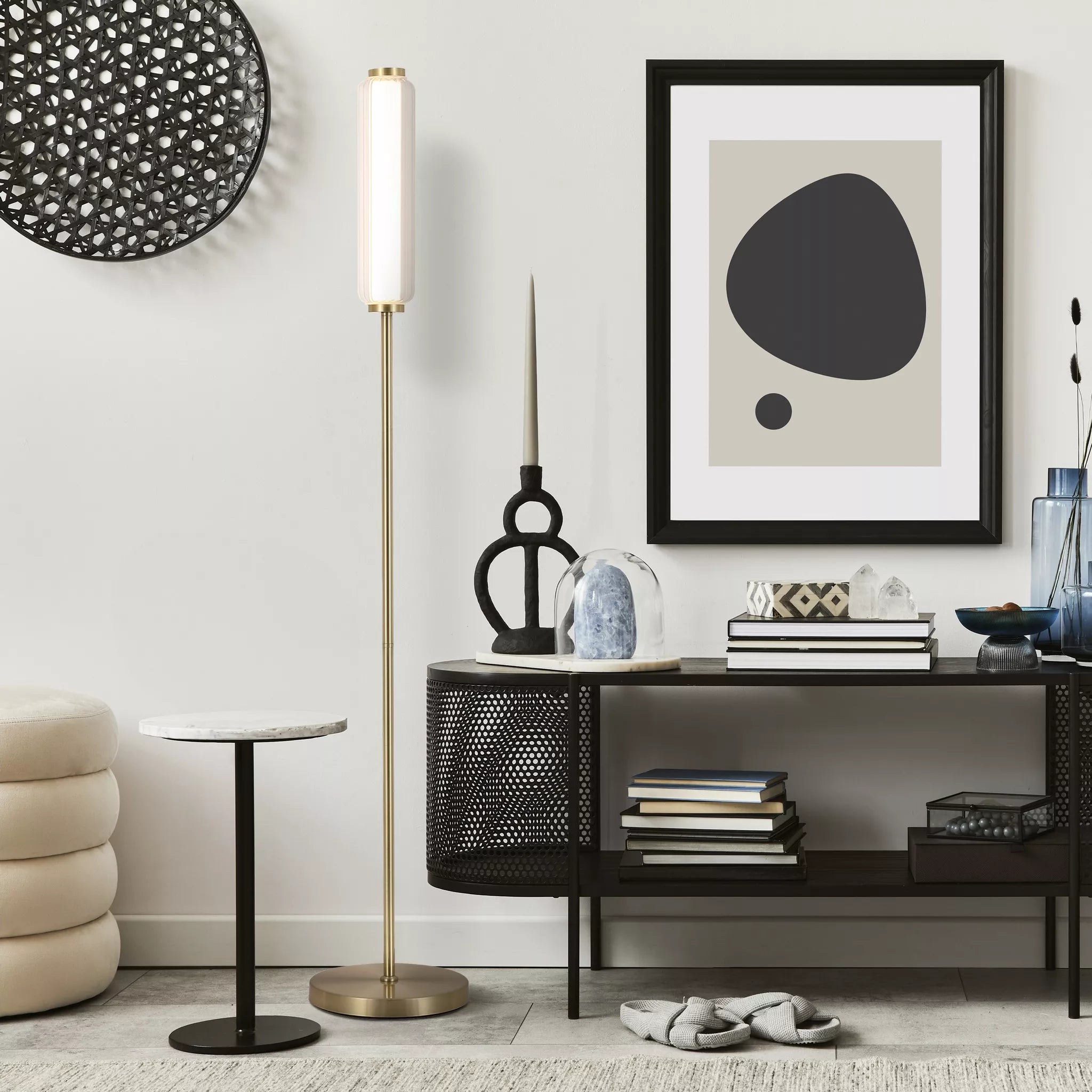 Mod LED Floor Lamp- Satin Brass Opal Acrylic & Clear