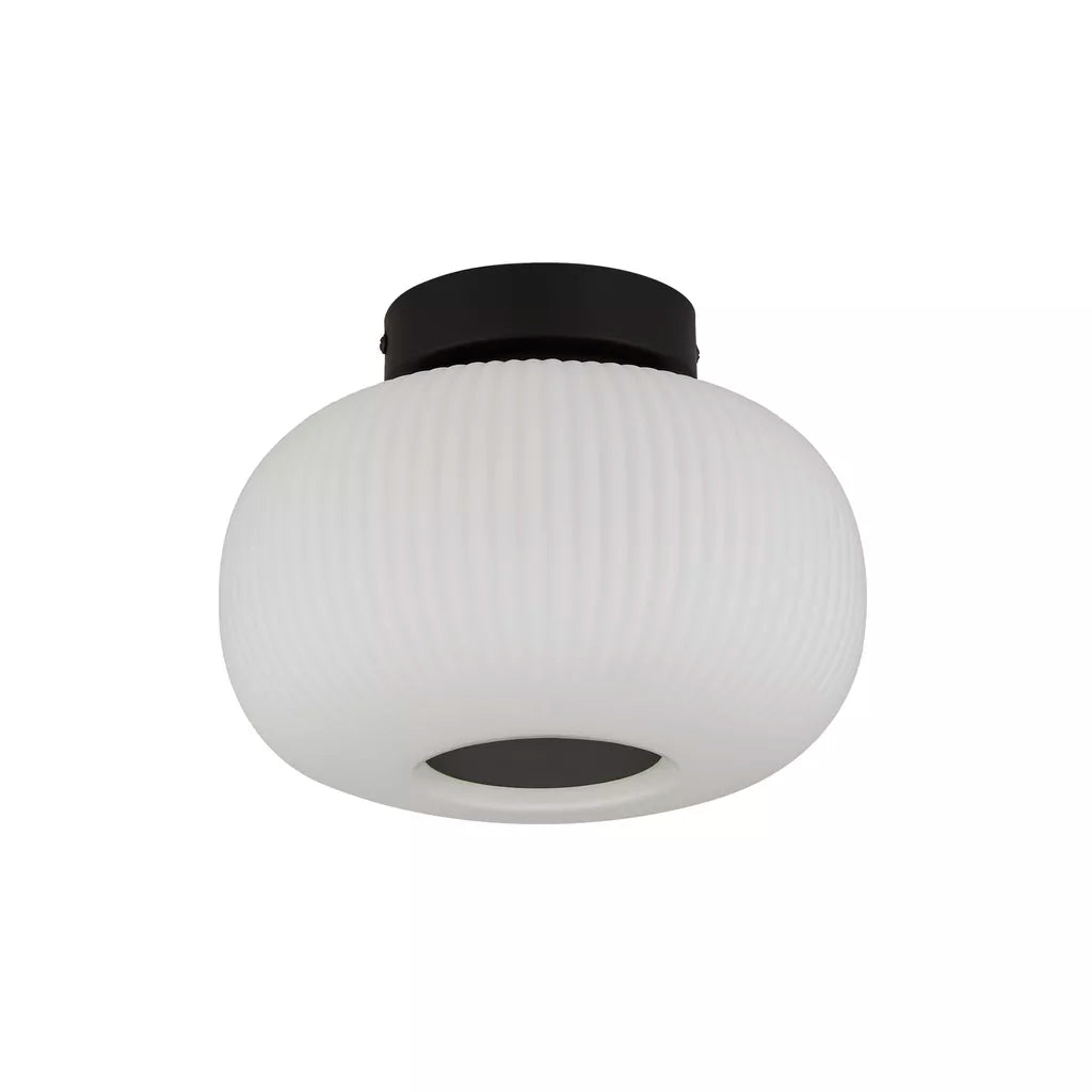 Lumina Flush Light - Black Metal & Opal Ribbed Glass