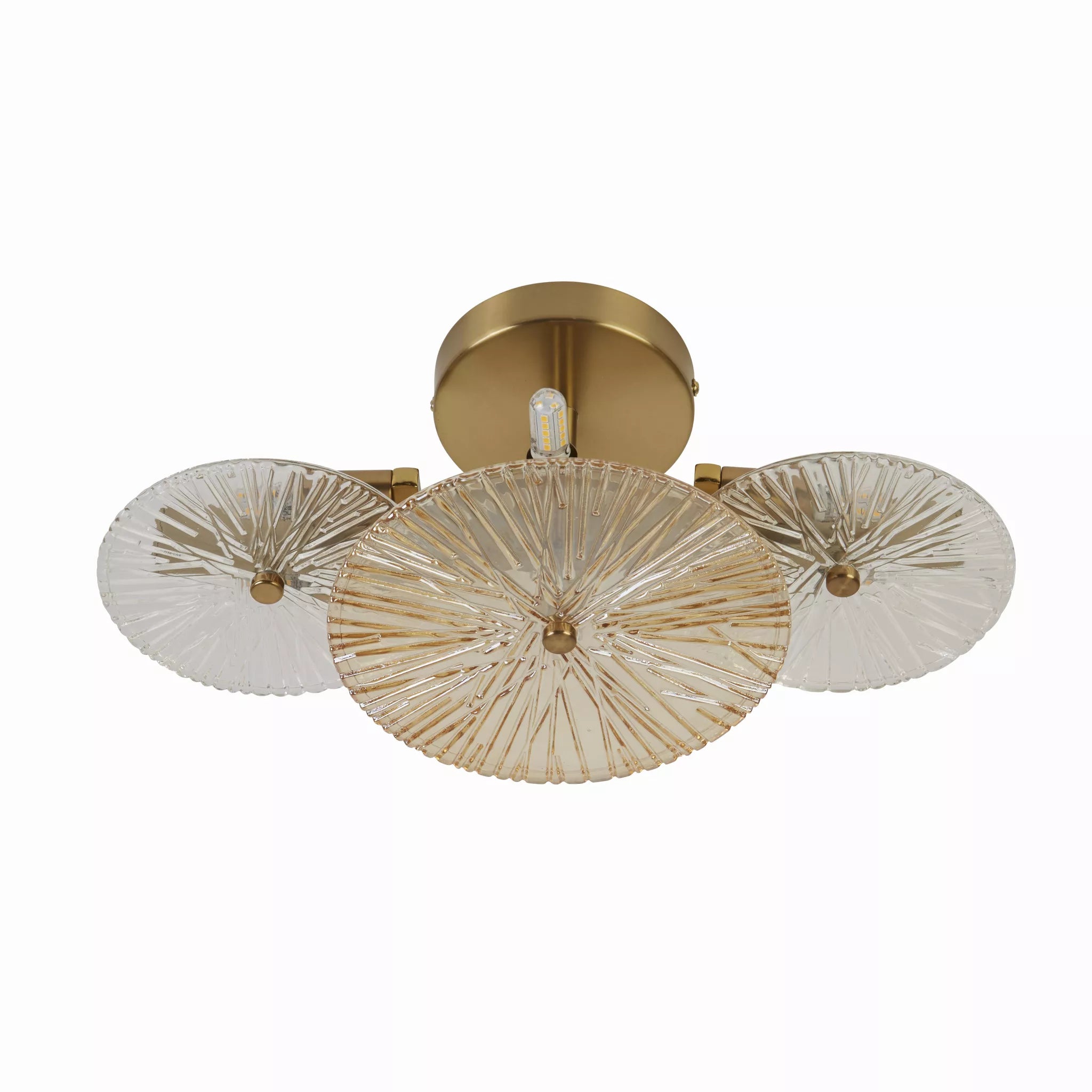 Wagon Wheel 6Lt Wall/Flush- Bronze Metal, Clear, Amber Glass