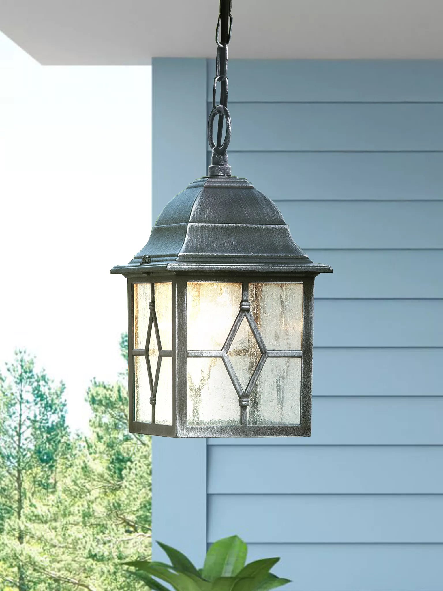 Genoa Outdoor Pendant - Black Silver Metal & Leaded Glass