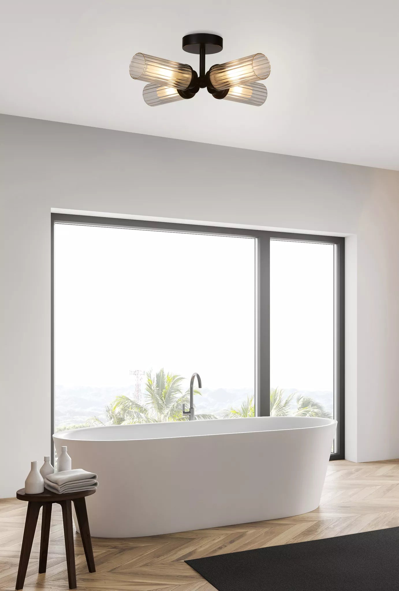 Imperial 4LT Flush Light- Black/ Satin Brass and Clear Ribbed Glass