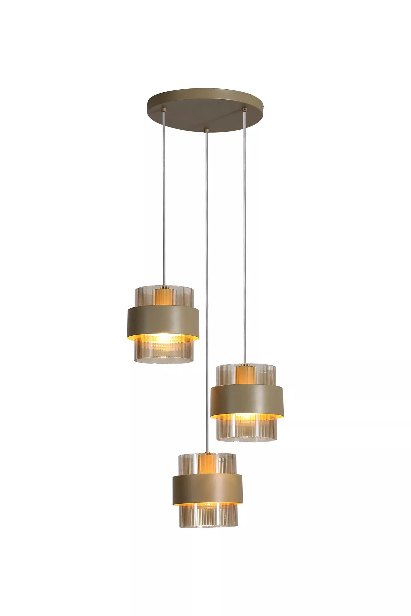 Royal 3Lt Multi Drop Pendant- Sand w Amber Ribbed Glass
