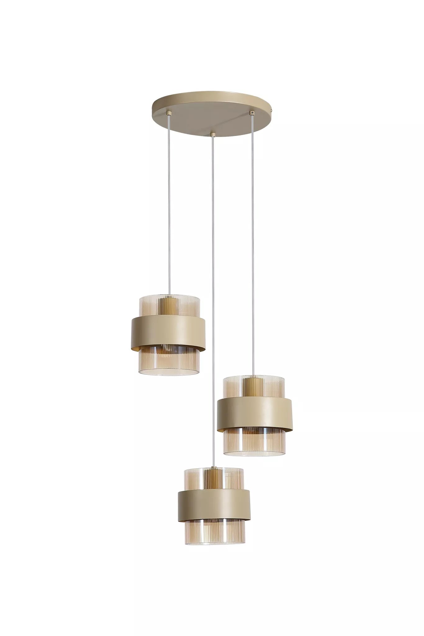 Royal 3Lt Multi Drop Pendant- Sand w Amber Ribbed Glass