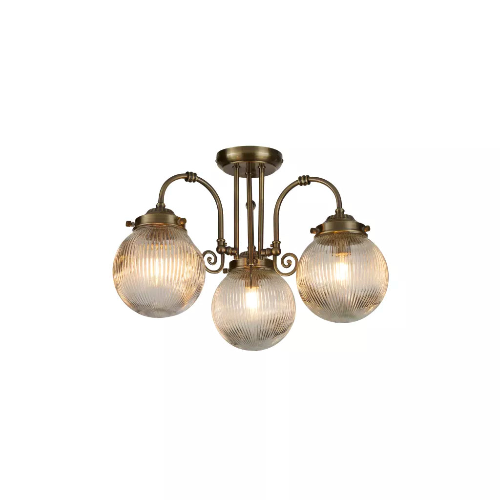 Belvue 3Lt Flush Light  - Antique Brass Metal & Clear Glass