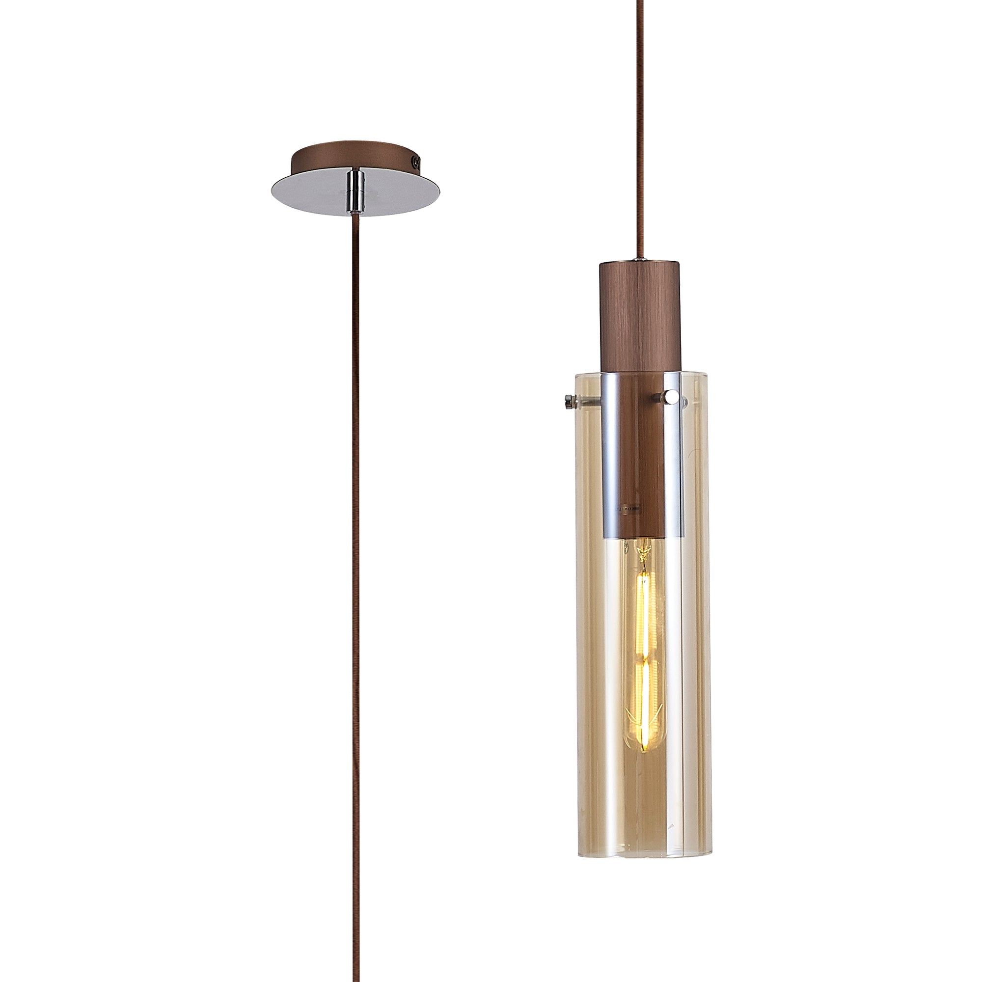 Blake Slim Single Pendant, 1 Light Adjustable E27, Mocha / Amber Glass 