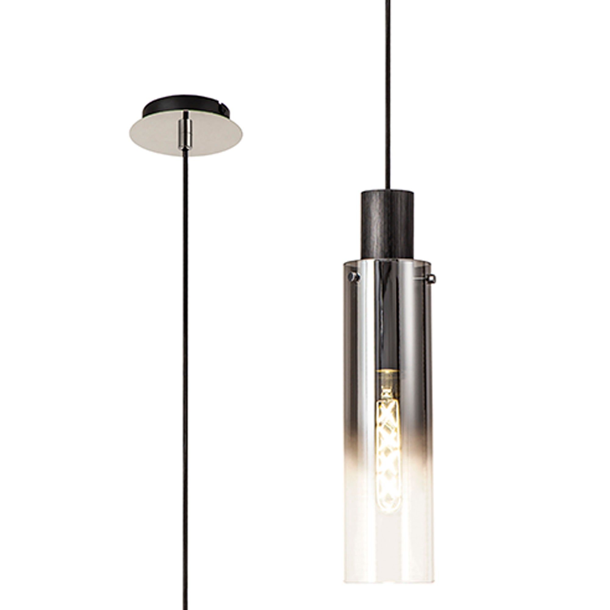 Blake Slim Single Pendant, 1 Light Adjustable E27, Black/Smoke Fade Glass