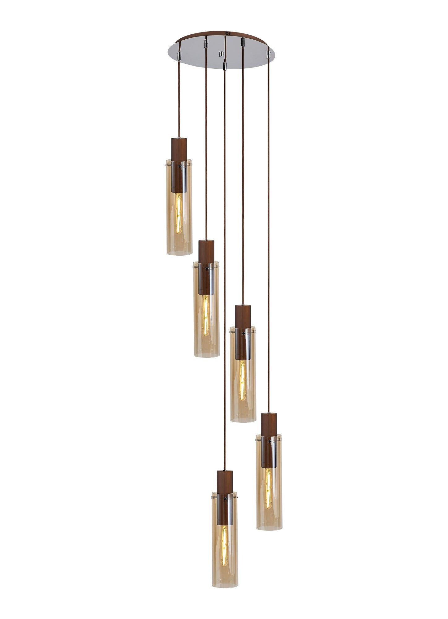 Hailey Slim Round Pendant, 5 Light Adjustable E27, Mocha / Amber Glass
