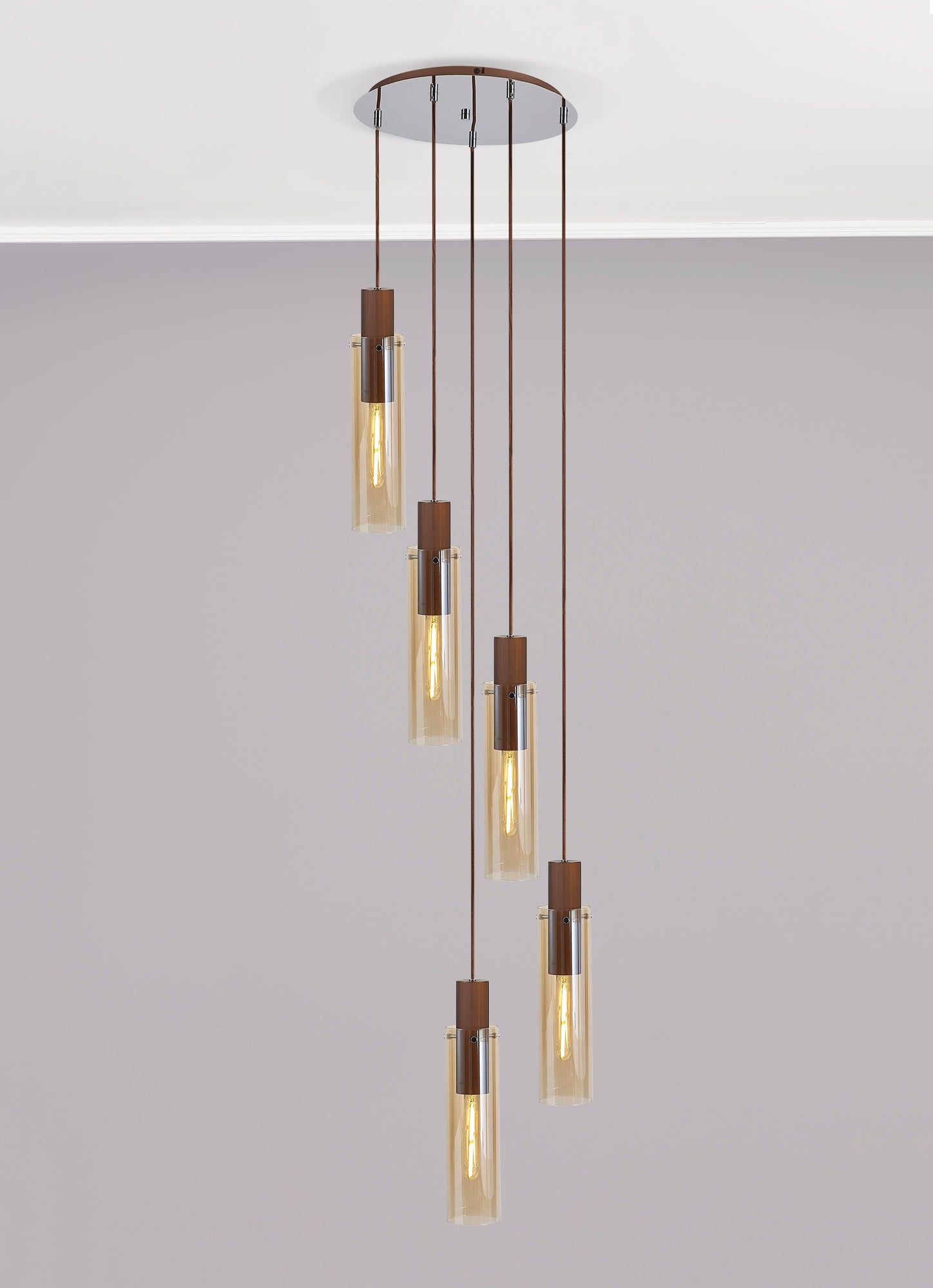 Hailey Slim Round Pendant, 5 Light Adjustable E27, Mocha / Amber Glass