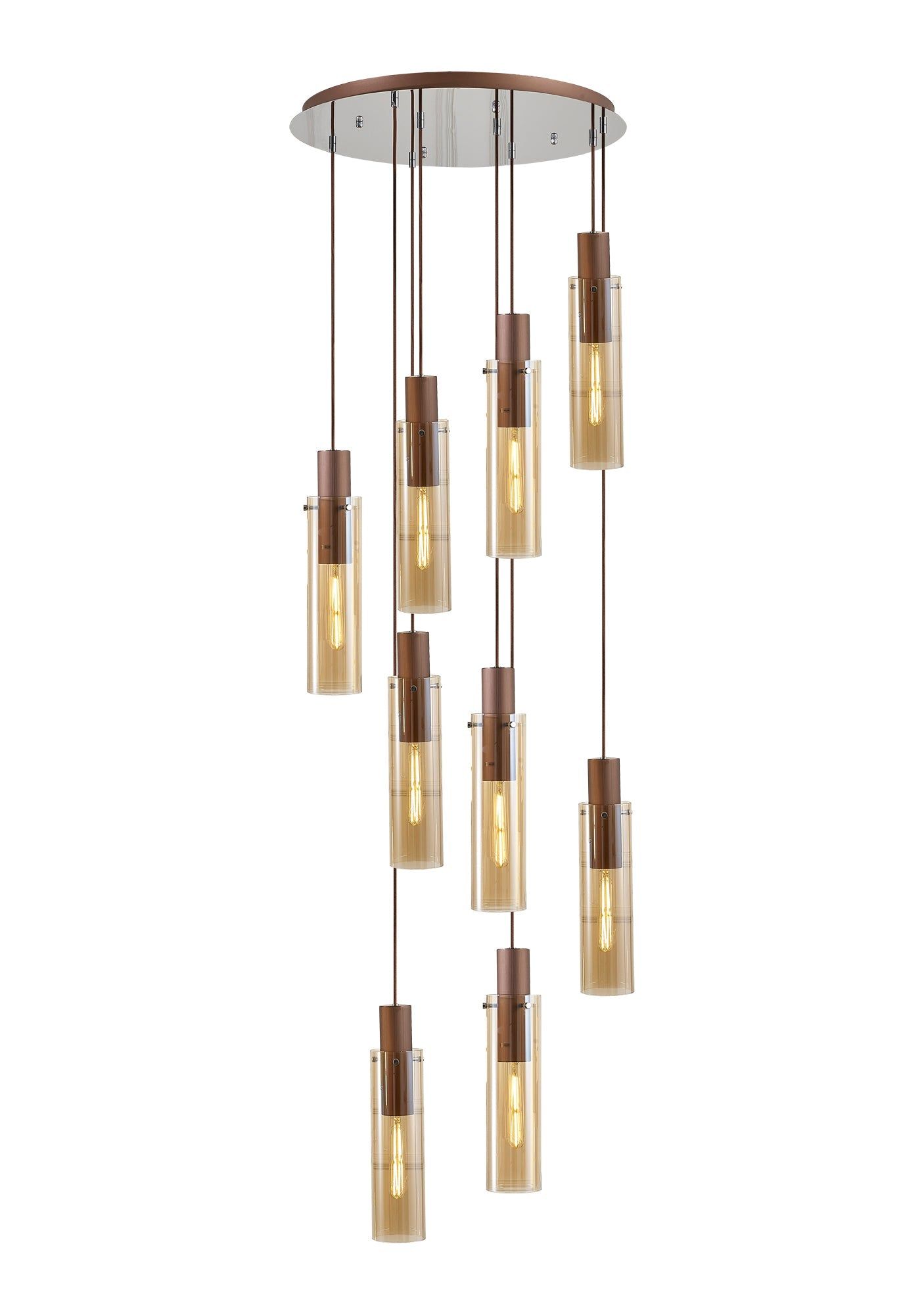 Hailey Slim Round Pendant, 9 Light Adjustable E27, Mocha / Amber Glass 