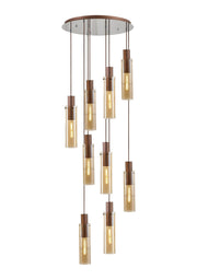 Hailey Slim Round Pendant, 9 Light Adjustable E27, Mocha / Amber Glass 