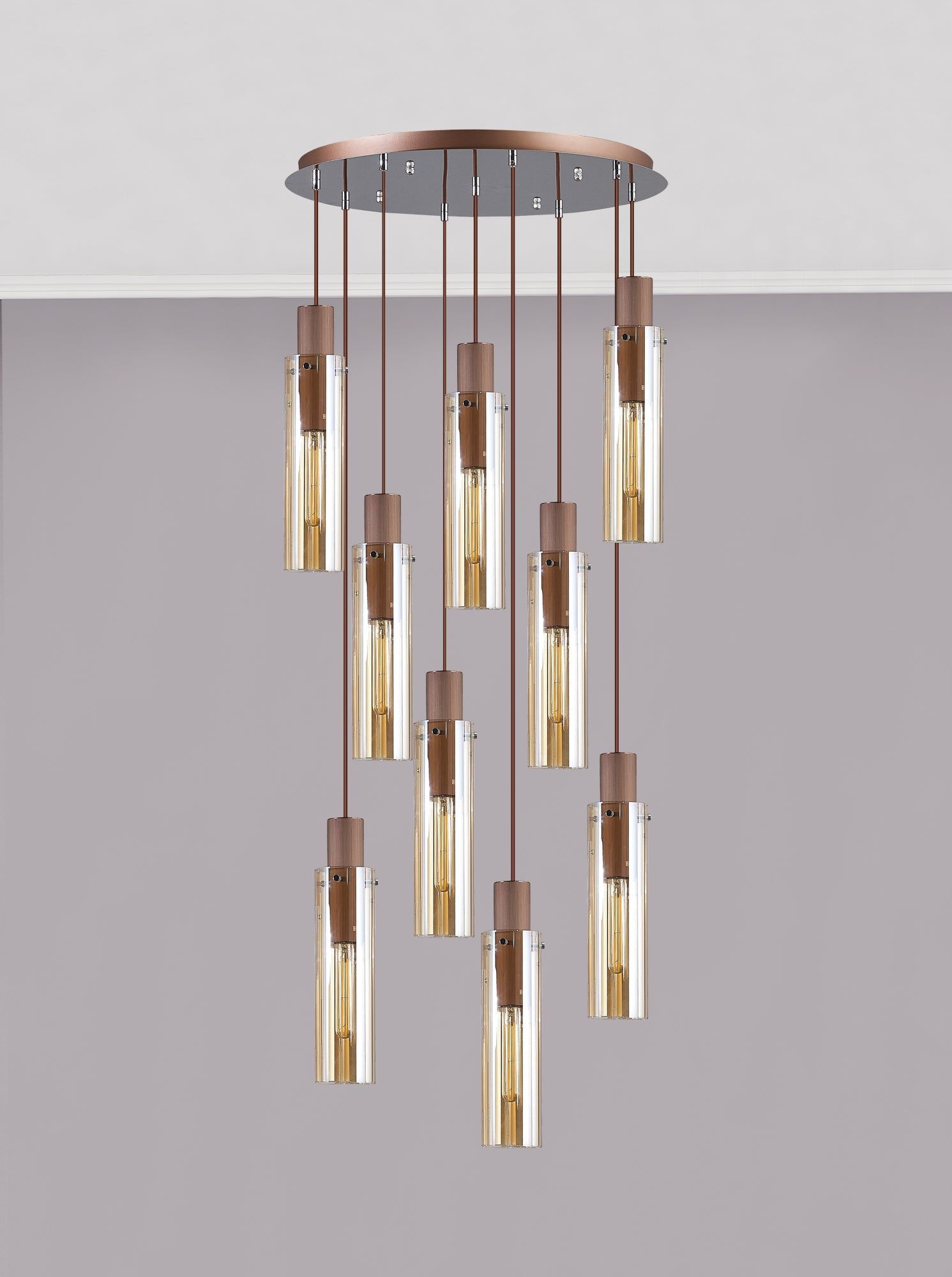 Hailey Slim Round Pendant, 9 Light Adjustable E27, Mocha / Amber Glass