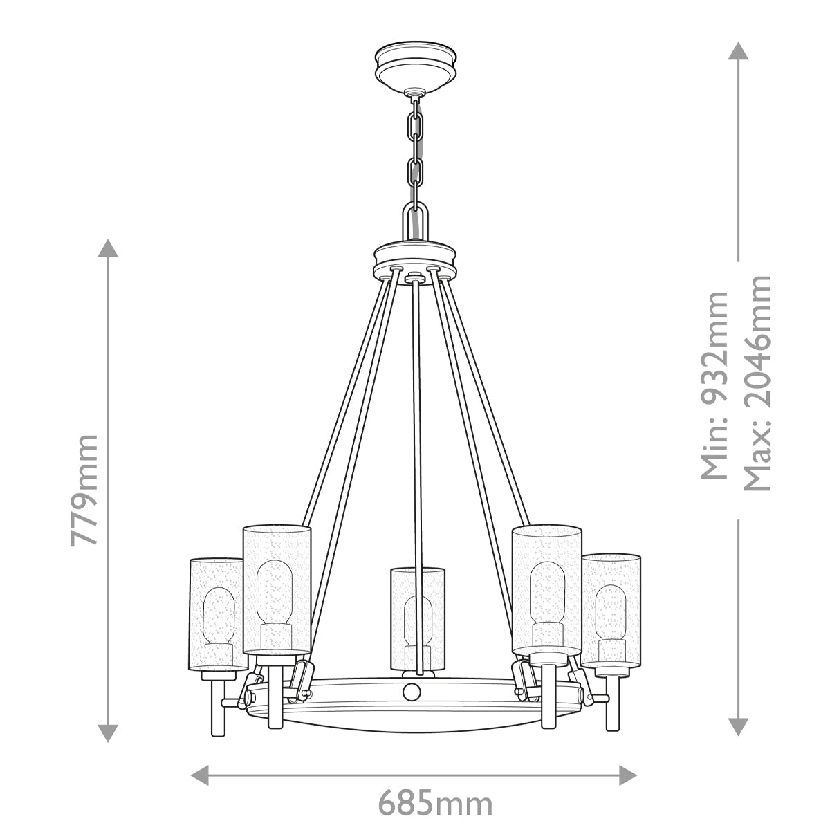 Collier 5 lt Chandelier with clear Seeded glass on arms and off-white centre glass - Black Oxide E27