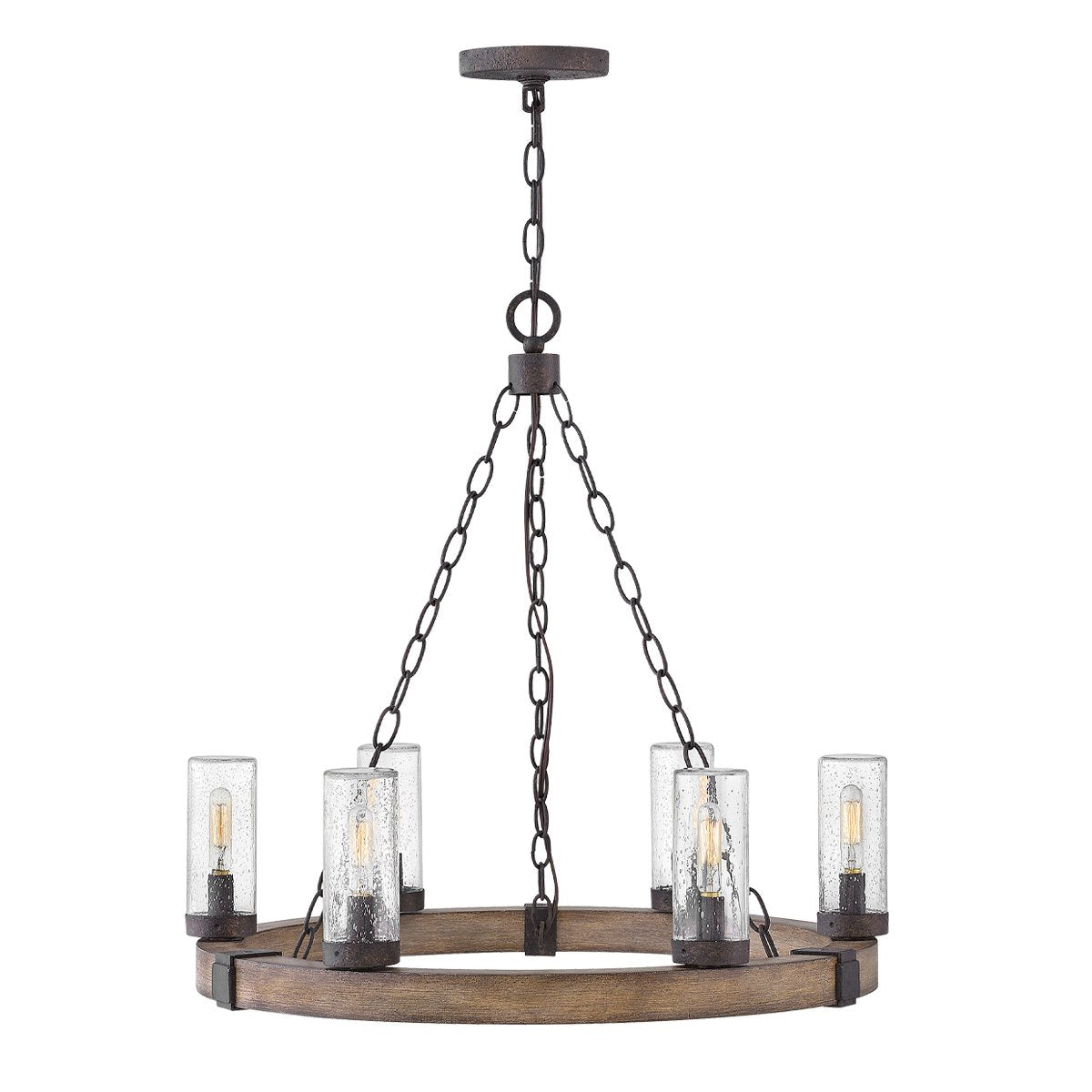 Hinkley SawyerExterior Chandelier - Sequoia wood effect with rust Iron accents &amp; Clear seeded glass  IP44 E14