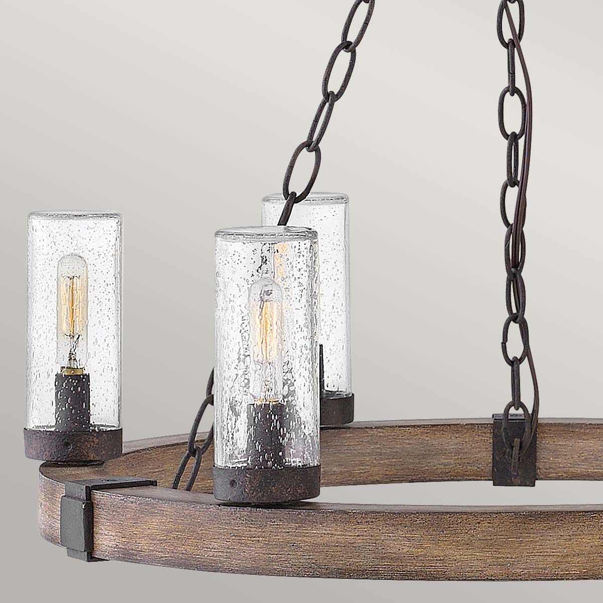 Hinkley SawyerExterior Chandelier - Sequoia wood effect with rust Iron accents &amp; Clear seeded glass  IP44 E14