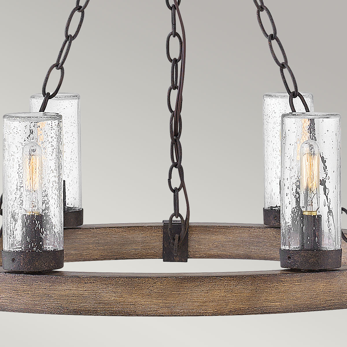 Hinkley SawyerExterior Chandelier - Sequoia wood effect with rust Iron accents &amp; Clear seeded glass  IP44 E14