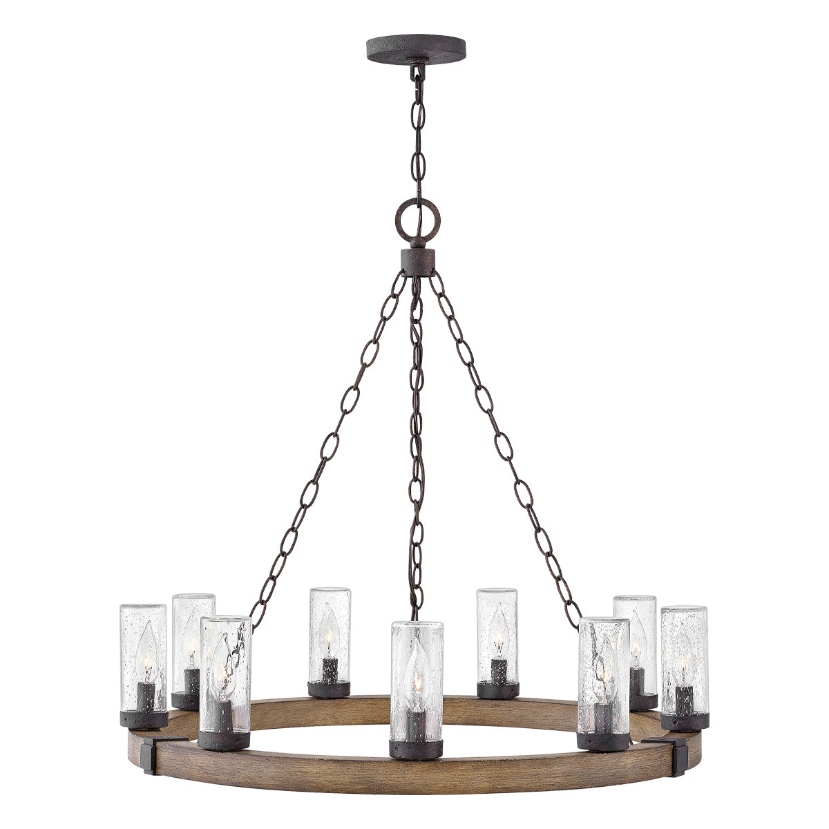 Hinkley SawyerExterior Chandelier - Sequoia wood effect with rust Iron accents &amp; Clear seeded glass  IP44 E14