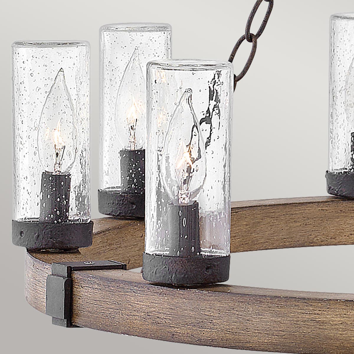 Hinkley SawyerExterior Chandelier - Sequoia wood effect with rust Iron accents &amp; Clear seeded glass  IP44 E14