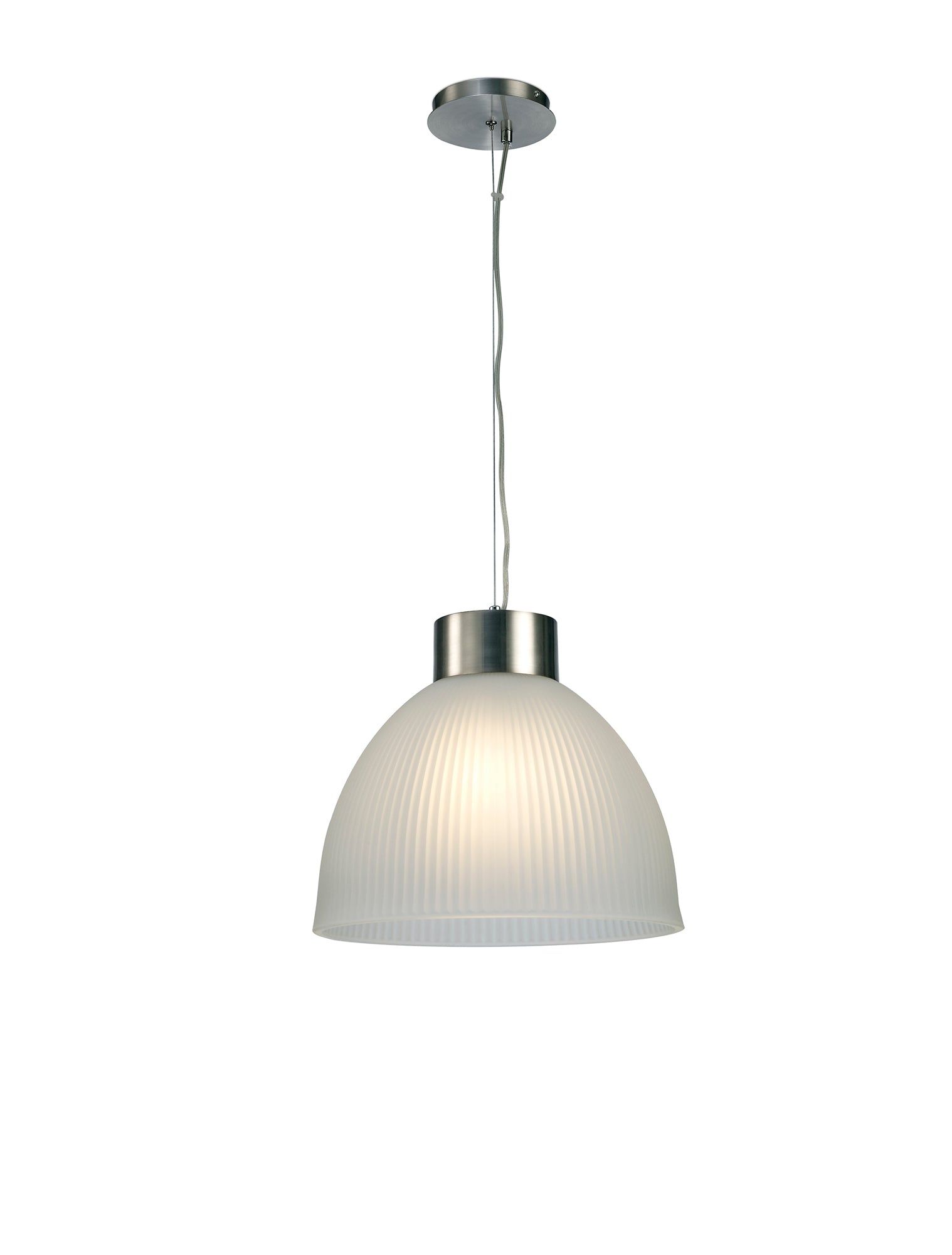 Hof Single Pendant 1 Light E27, Satin Nickel/ Frosted Ribbed Glass Shade