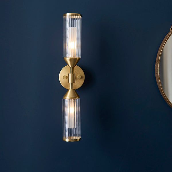 Ribbed and frosted glass satin brass double wall light - Cusack Lighting