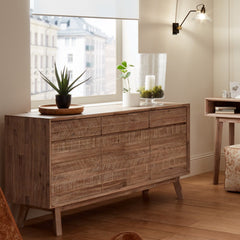 Kalmar Acacia Wood 3 Drawer 3 Door Sideboard - Sand Wash Finish