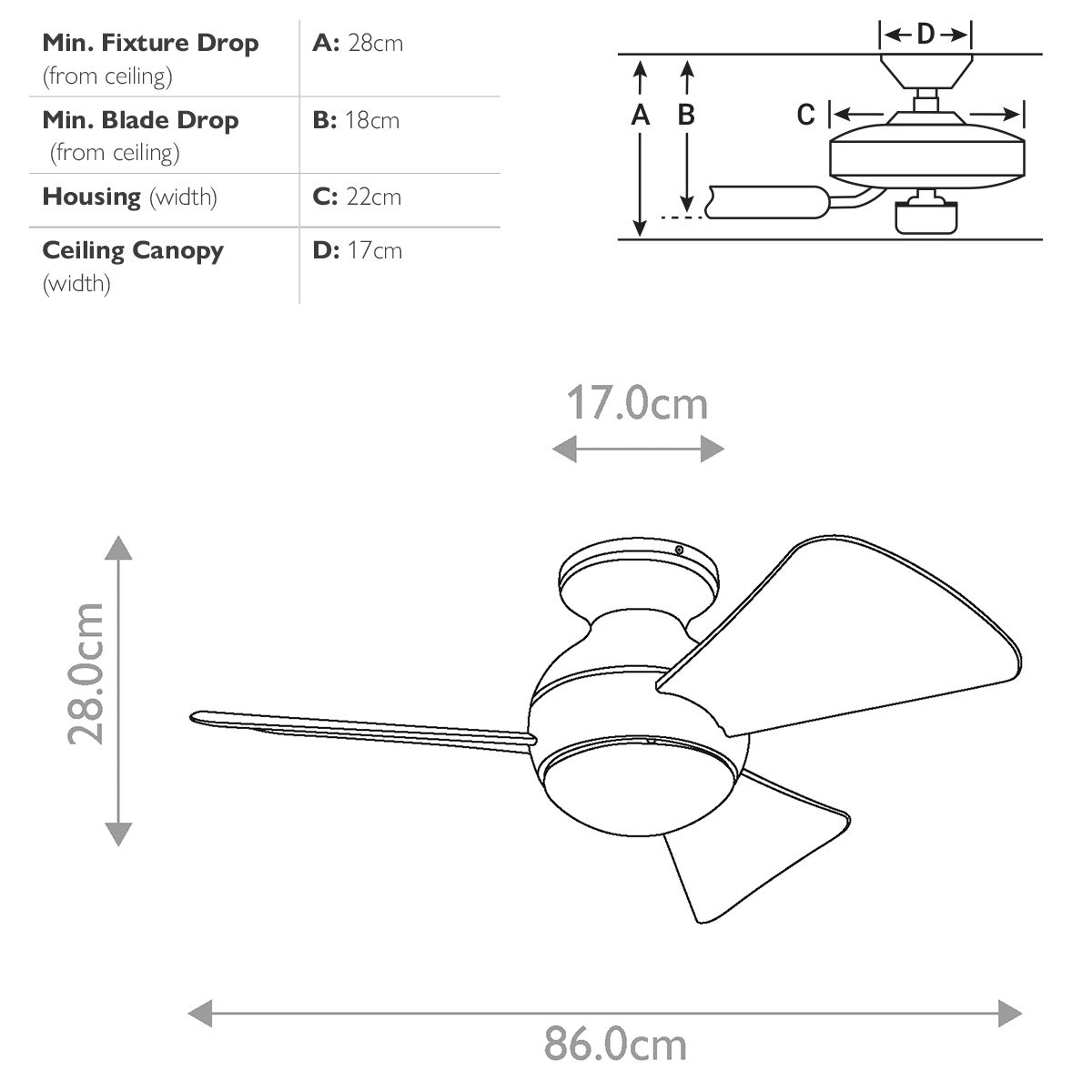 Sola - 34in / 86cm Fan - Brushed Nickel or Matte White