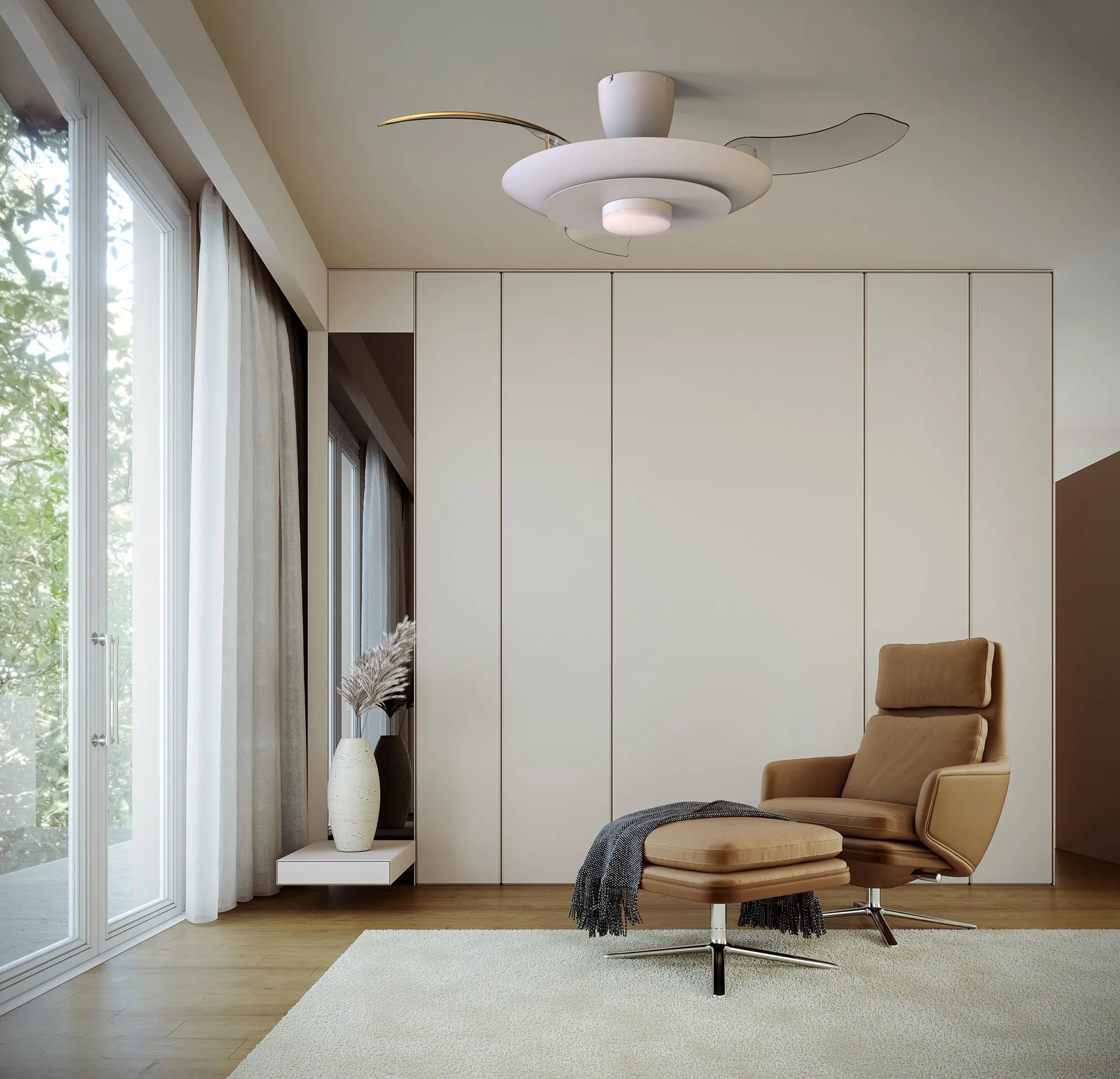 Kyoto 52cm LED Dimmable Ceiling Light With Built-In DC Fan- Coffee/ White