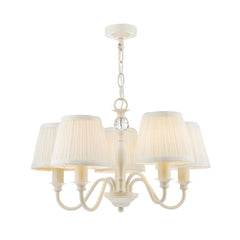 Chandelier with white lampshades and crystal accents on a white background, featuring the Laura Ashley logo.